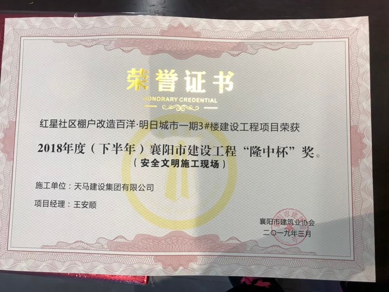 天馬建設(shè)集團(tuán)“襄陽·百洋明日城市一期”項(xiàng)目榮獲襄陽市建設(shè)工程“隆中杯”獎